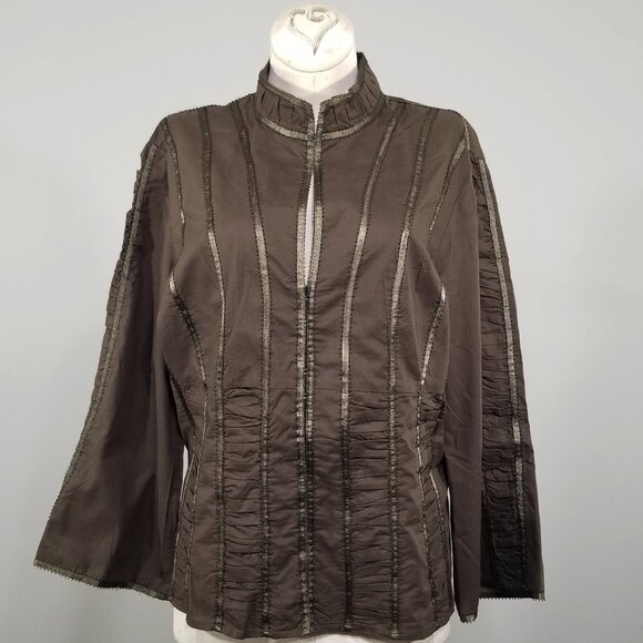 W Work Weekend M Mandarin Collar Embellished Shirt Ruched Panels Ribbon Trim Brn - Picture 1 of 8